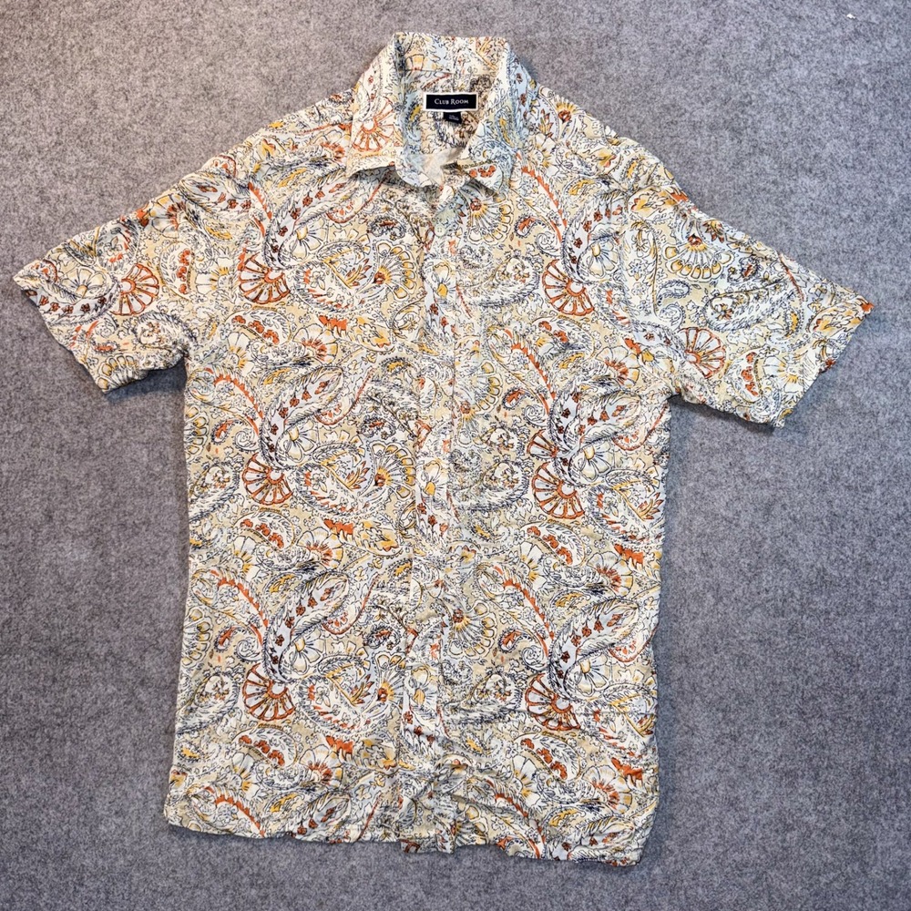 Club Room Paisley Button Down Shirt‎ Small Orange Yellow Silk Rayon Blend